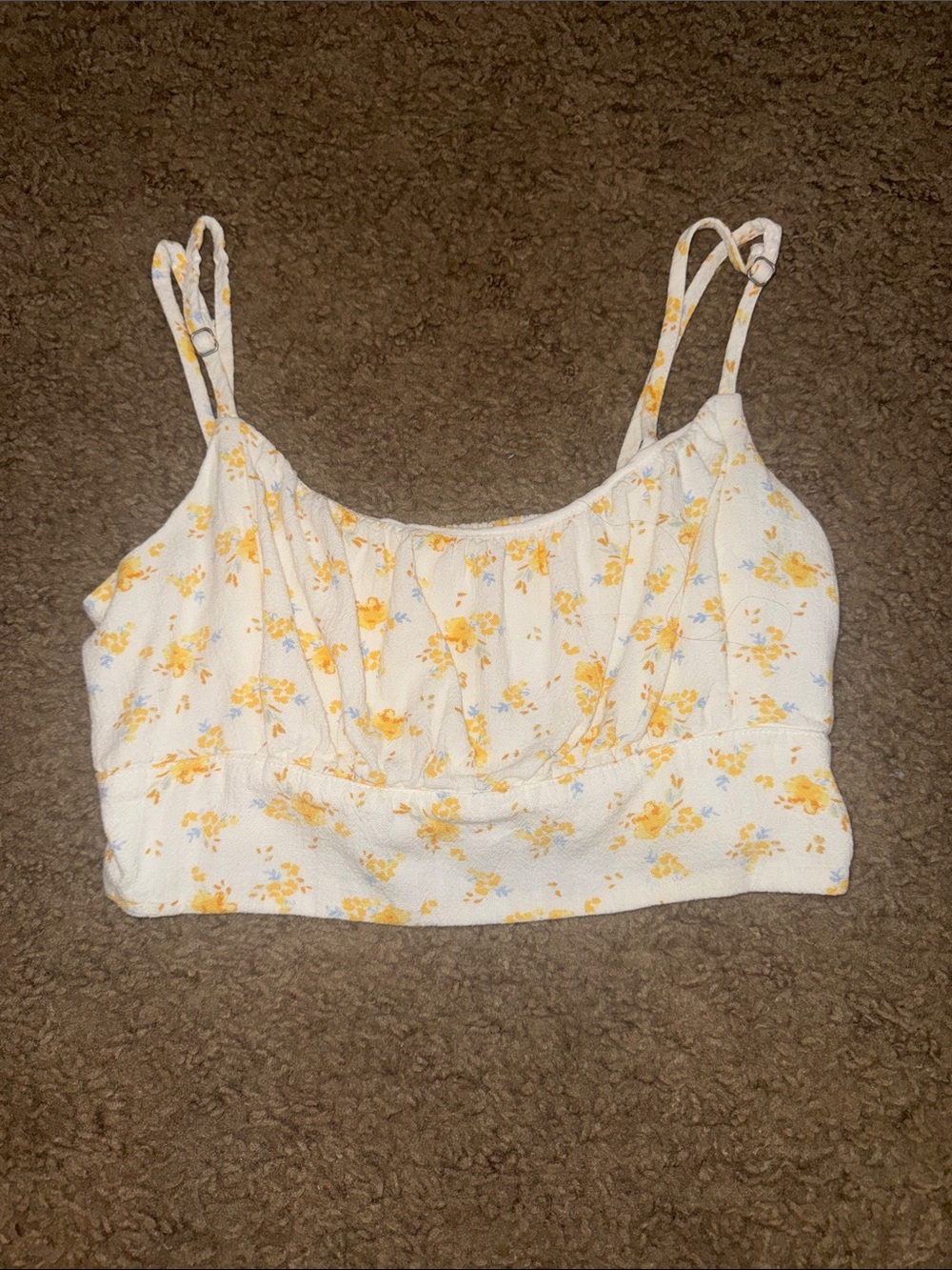 aerie White Floral Smocked Crop Cami with Yellow Print